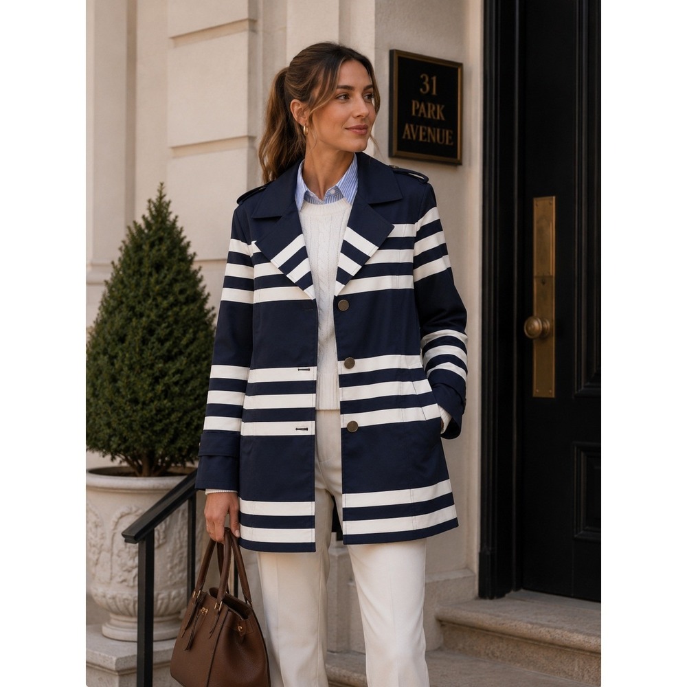 Crown & Ivy Petite PXL/ XL Navy White Striped Trench Coat Preppy Posh Old Money